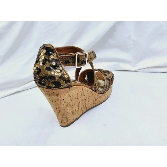 INC Size 9M Women Leopard Sequin "Dianara" Cork Wedge Cross Strap Peep Toe Heels - Picture 12 of 14